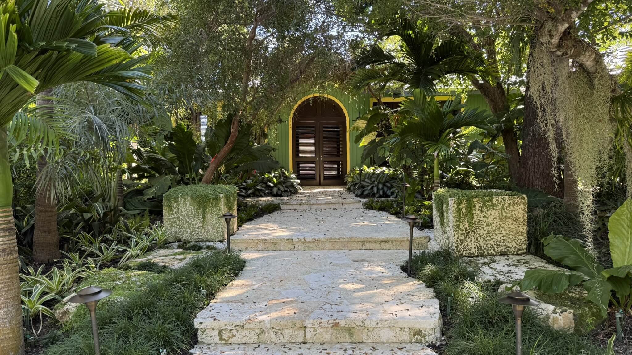 Pathway leading to house surrounded by greenery.