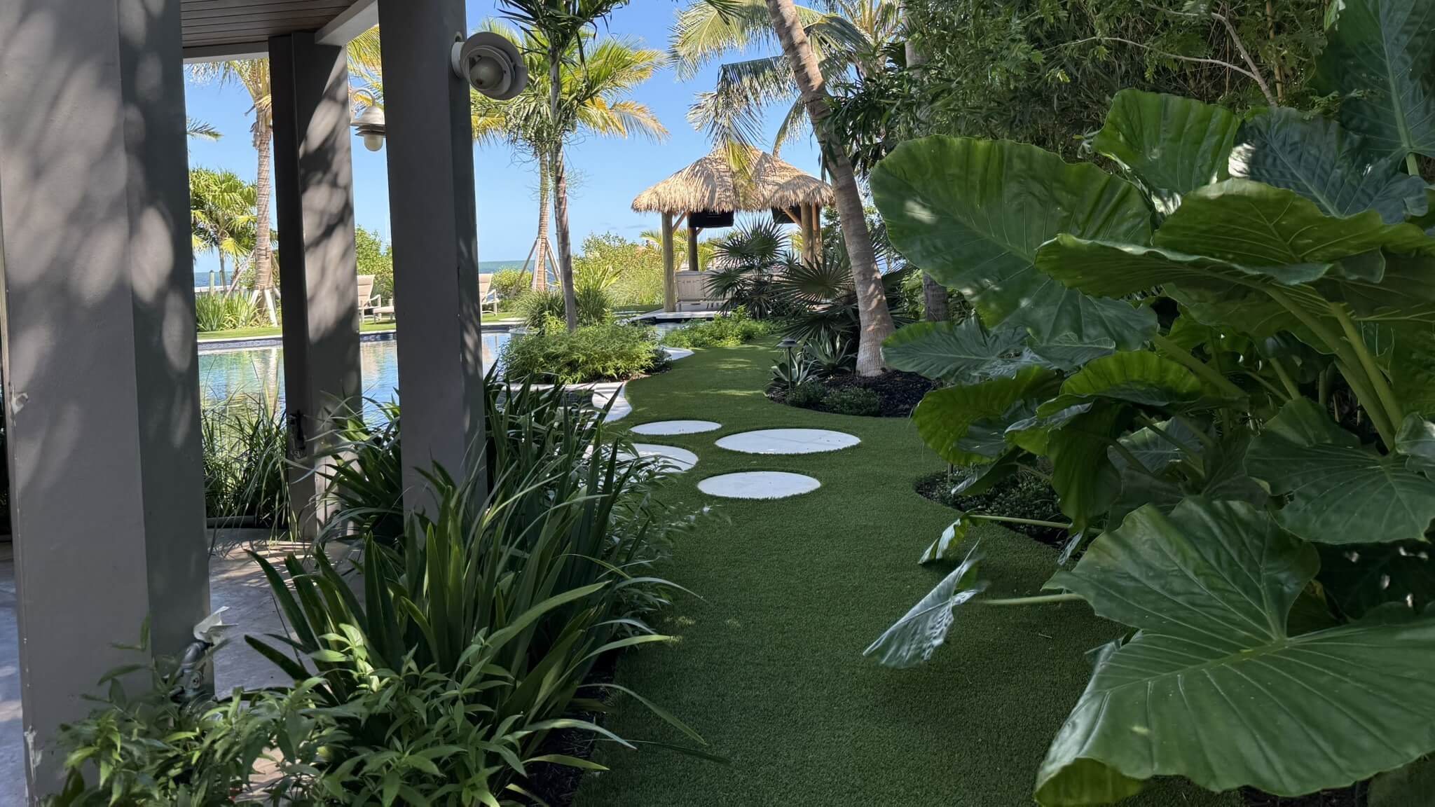 Tropical garden path with lush greenery.