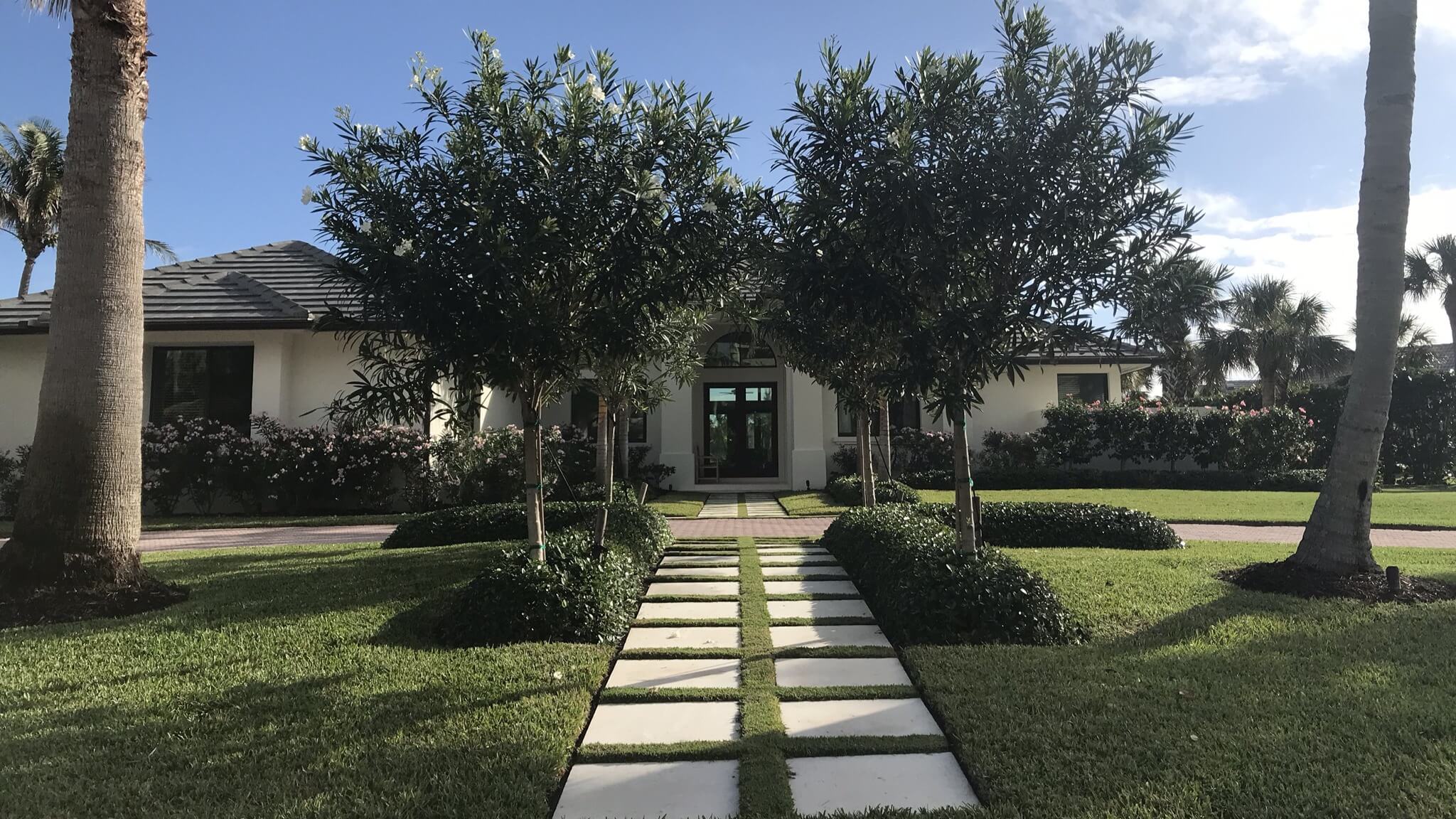 Modern house with pathway and trees.