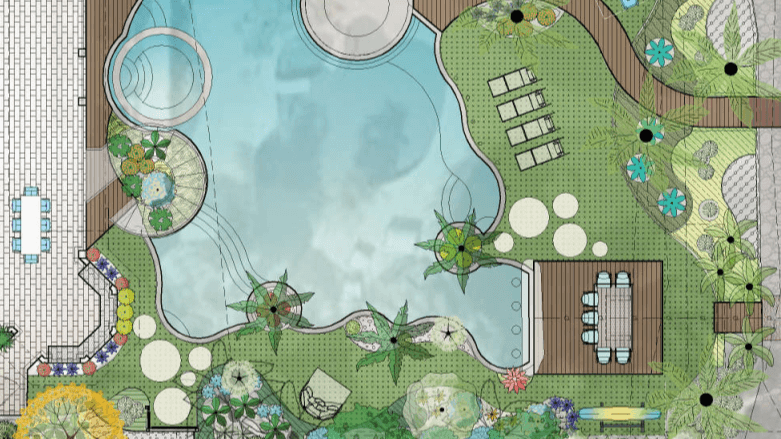 Landscape design with pool and seating area.