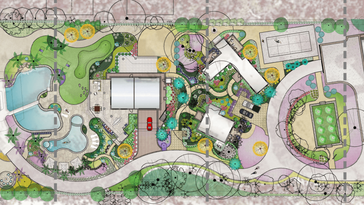 Landscape design plan with buildings and pool.