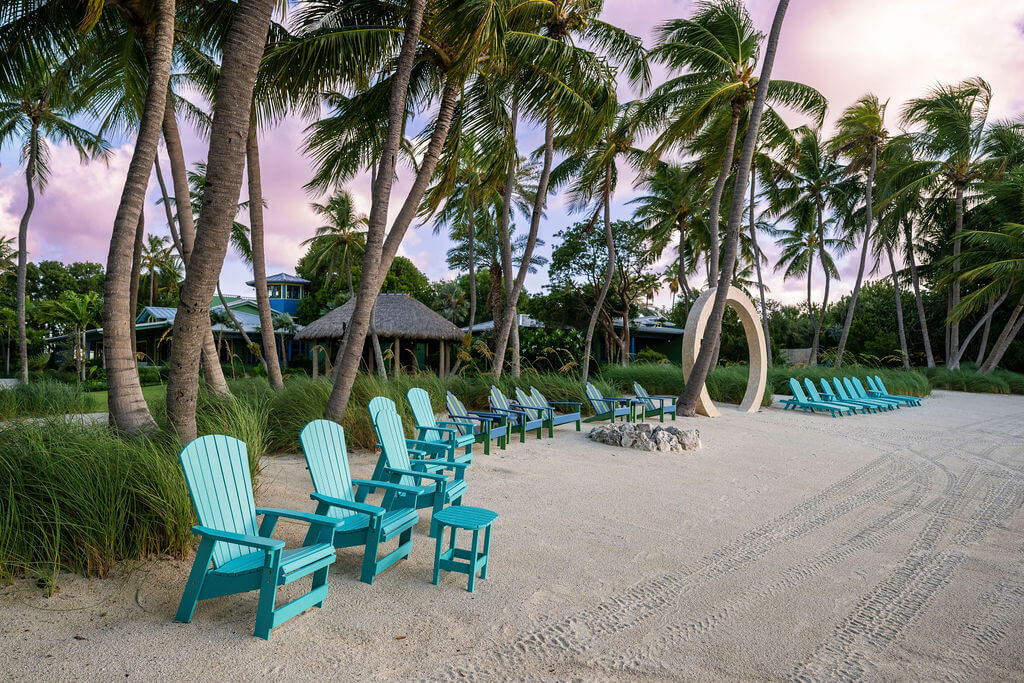 Beach with turquoise chairs and palm trees.