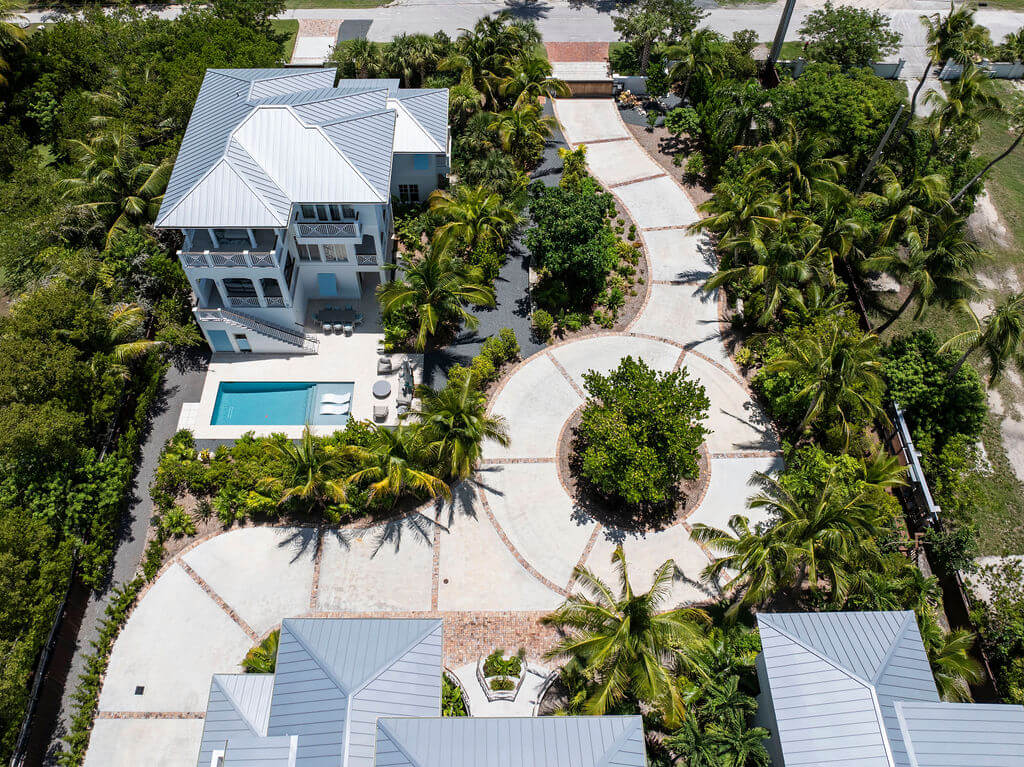 Aerial view of a tropical villa estate.