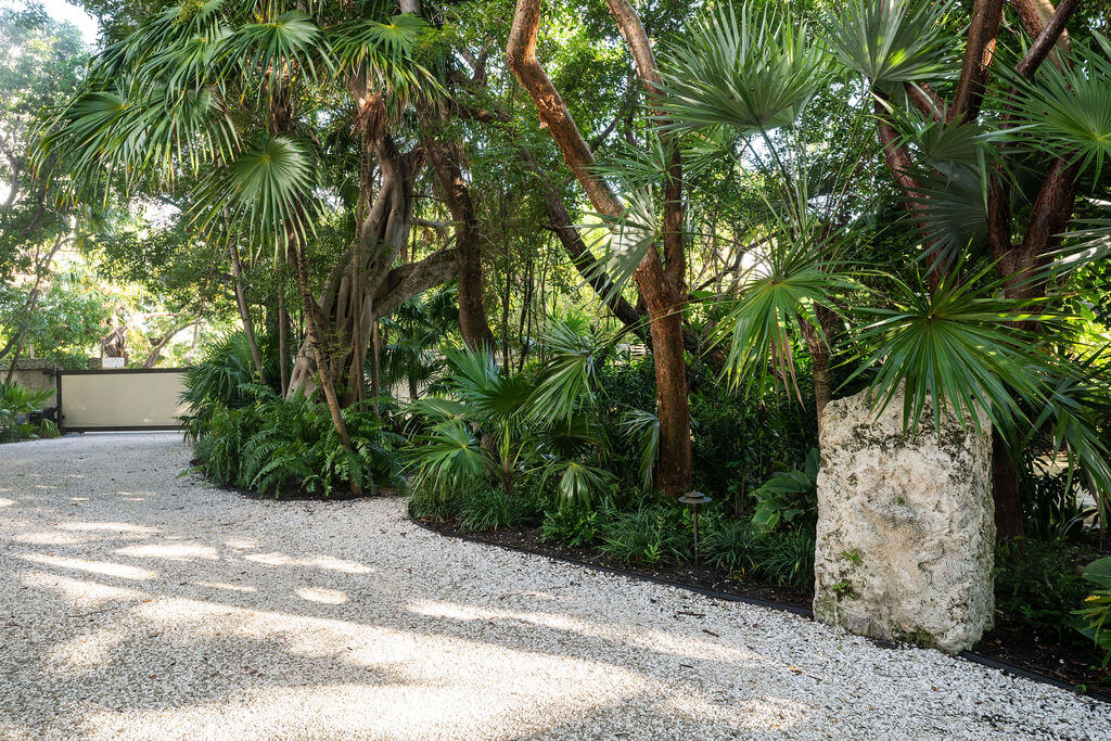 Tropical garden with gravel path and trees.