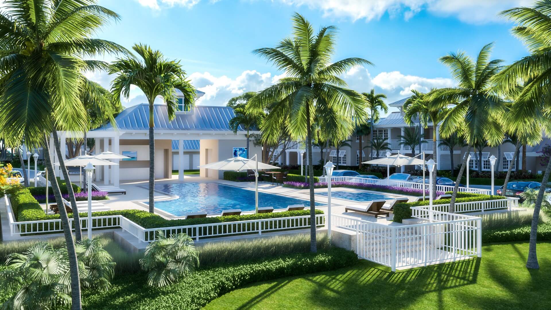 Luxurious poolside resort with palm trees.