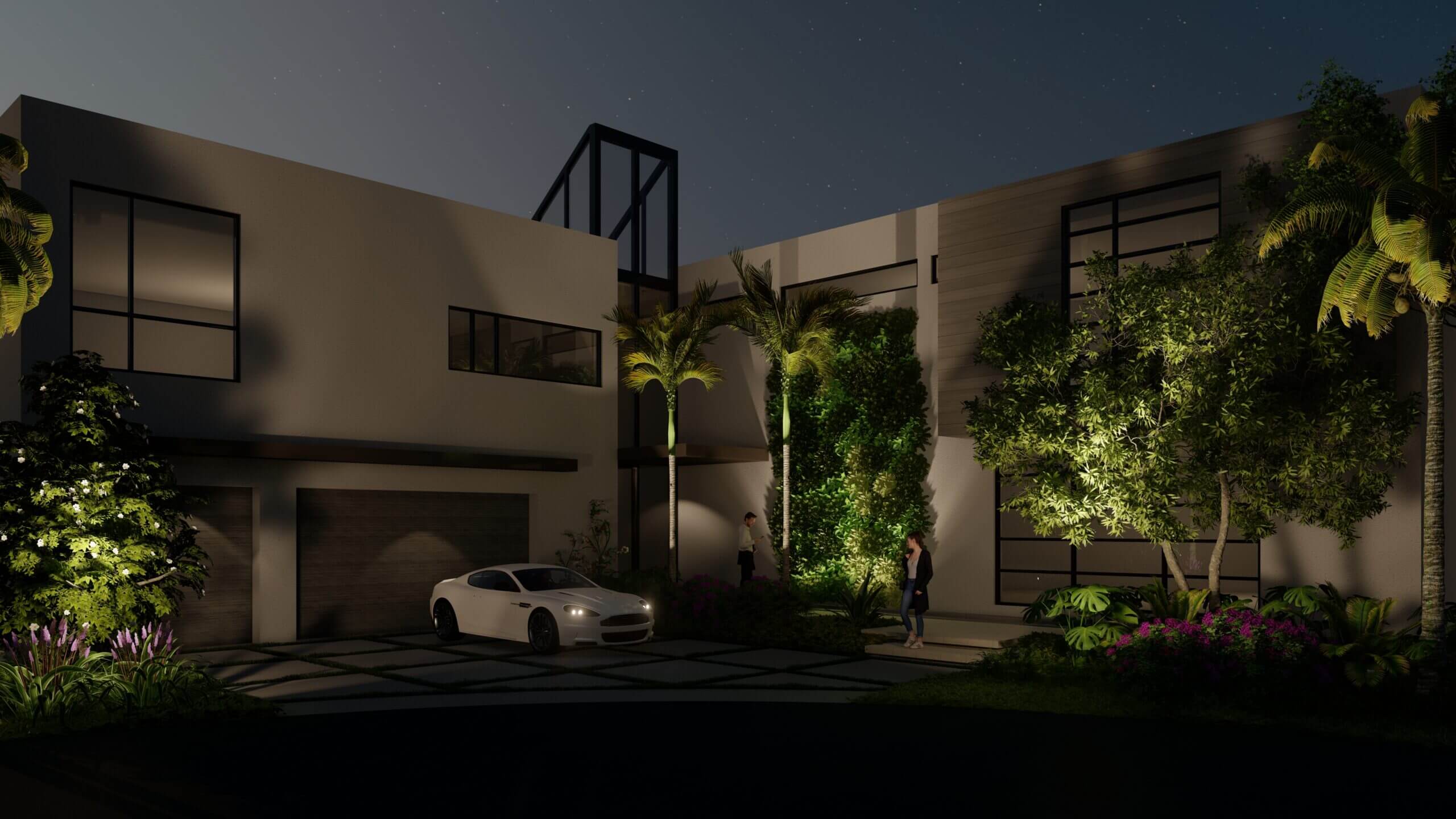 Modern house exterior with night lighting.