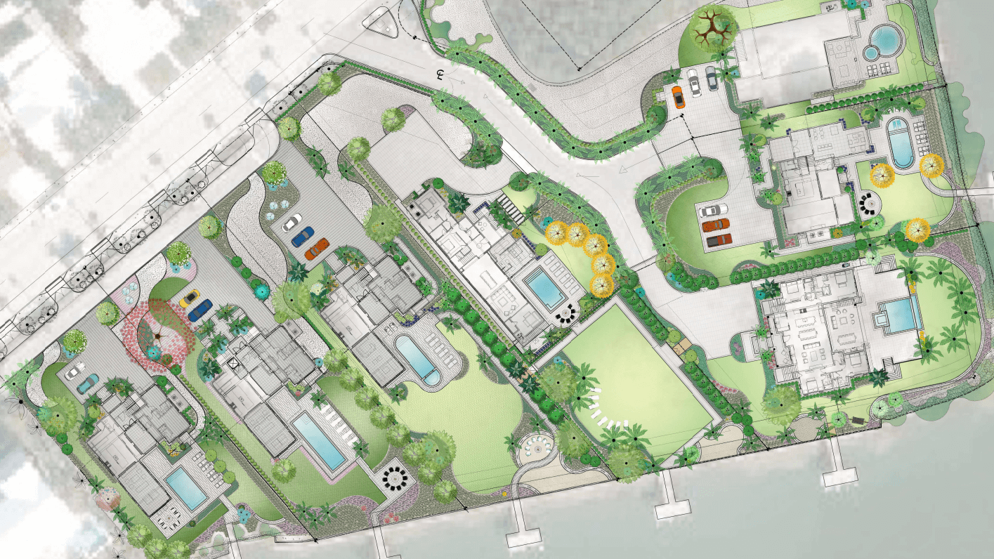 Architectural site plan with landscaped areas.