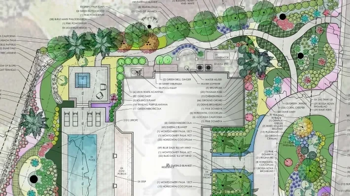 Landscape design plan with pool and garden.