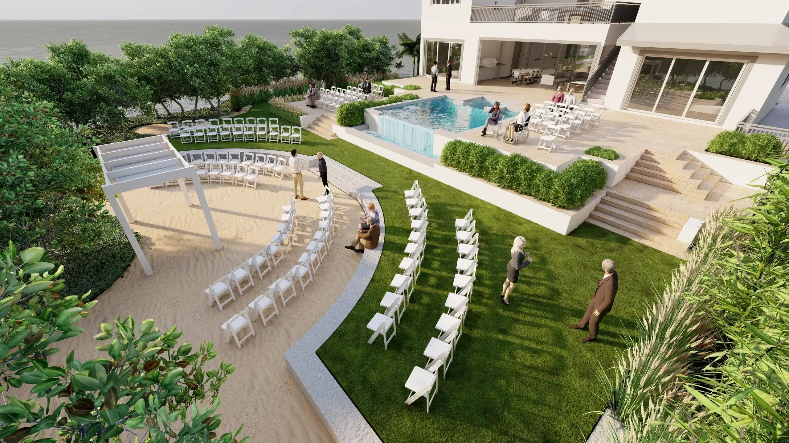 Outdoor wedding setup with chairs and gazebo.