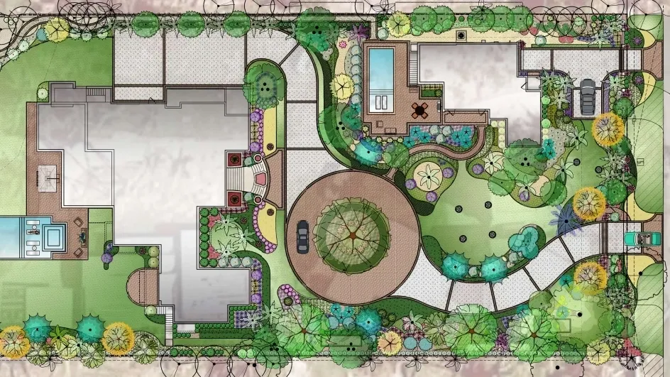 Landscape design with pathways and greenery.