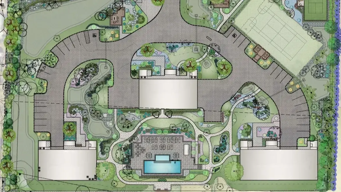 Architectural site plan with buildings and landscaping.