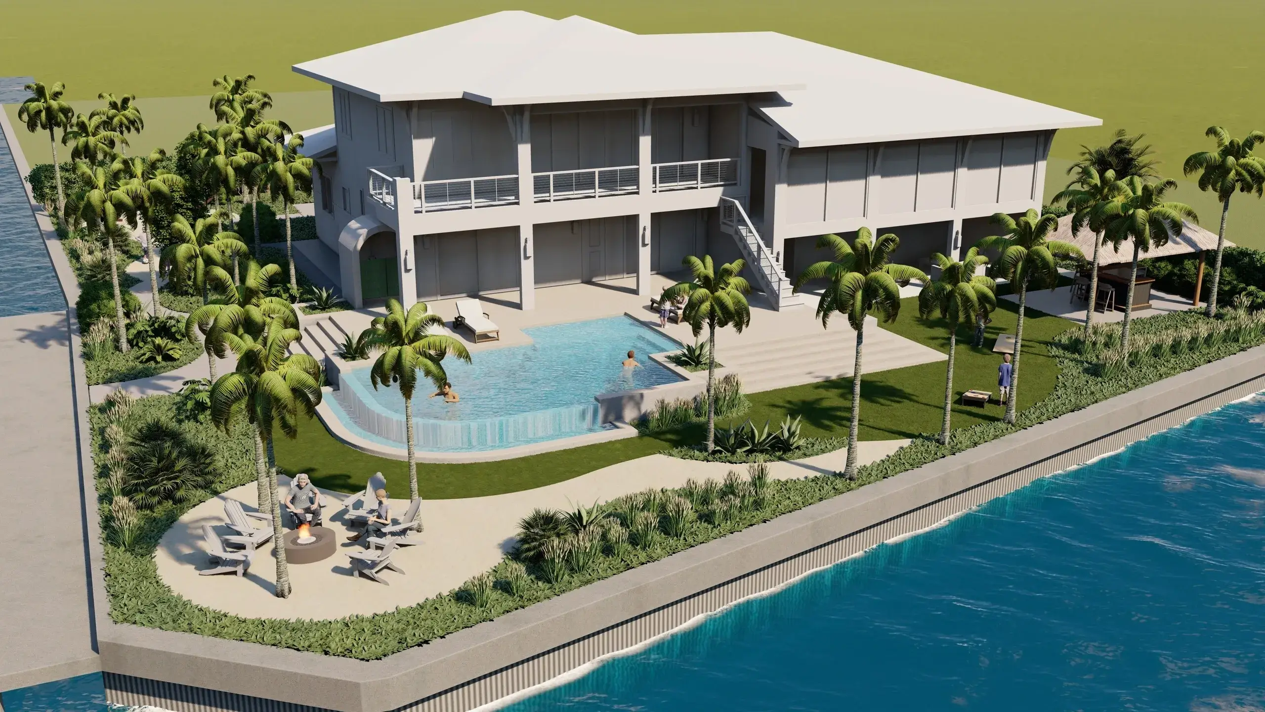 Modern waterfront house with pool and palm trees.