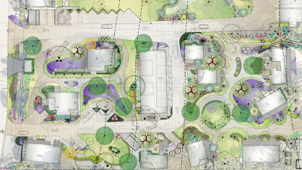 Landscape architectural plan with various greenery.