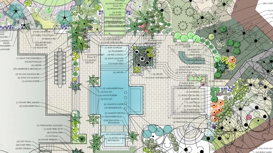 Detailed landscape design plan with labeled areas.
