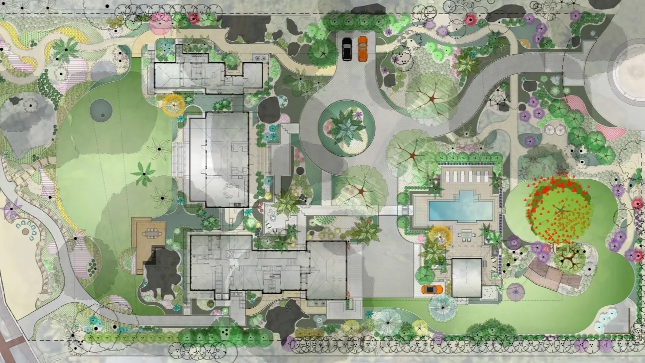 Landscape architectural design with buildings and gardens.