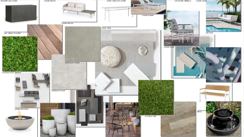 Collage of outdoor furniture and materials samples.