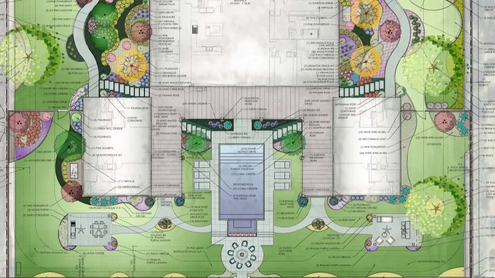 Architectural landscape design plan with colorful details.