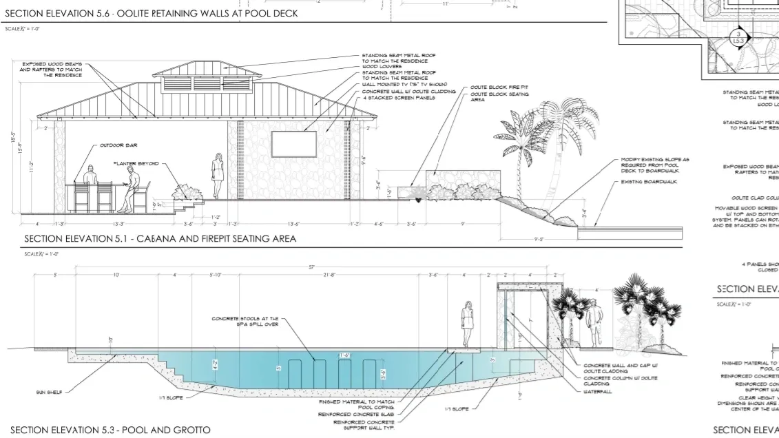 Architectural blueprint of pool and seating area.