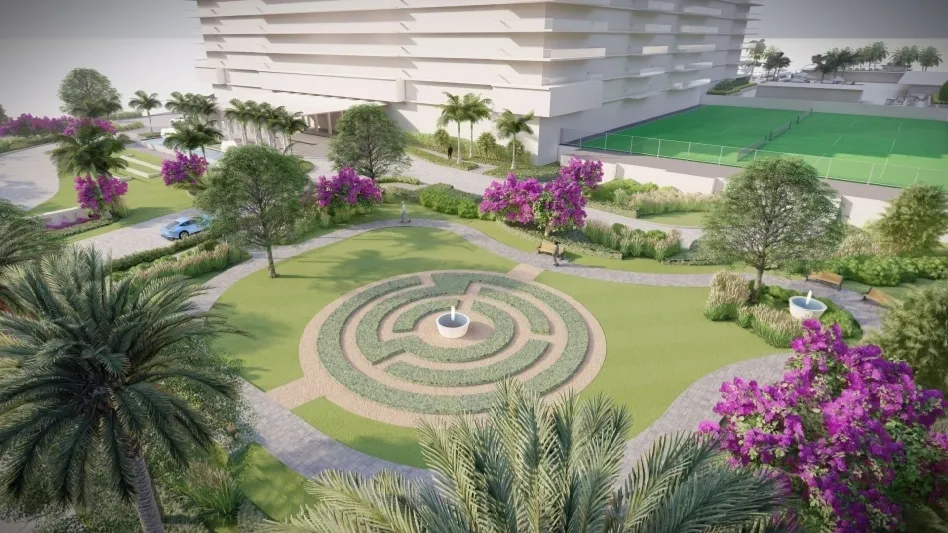 Modern garden with circular pathways and flowers.