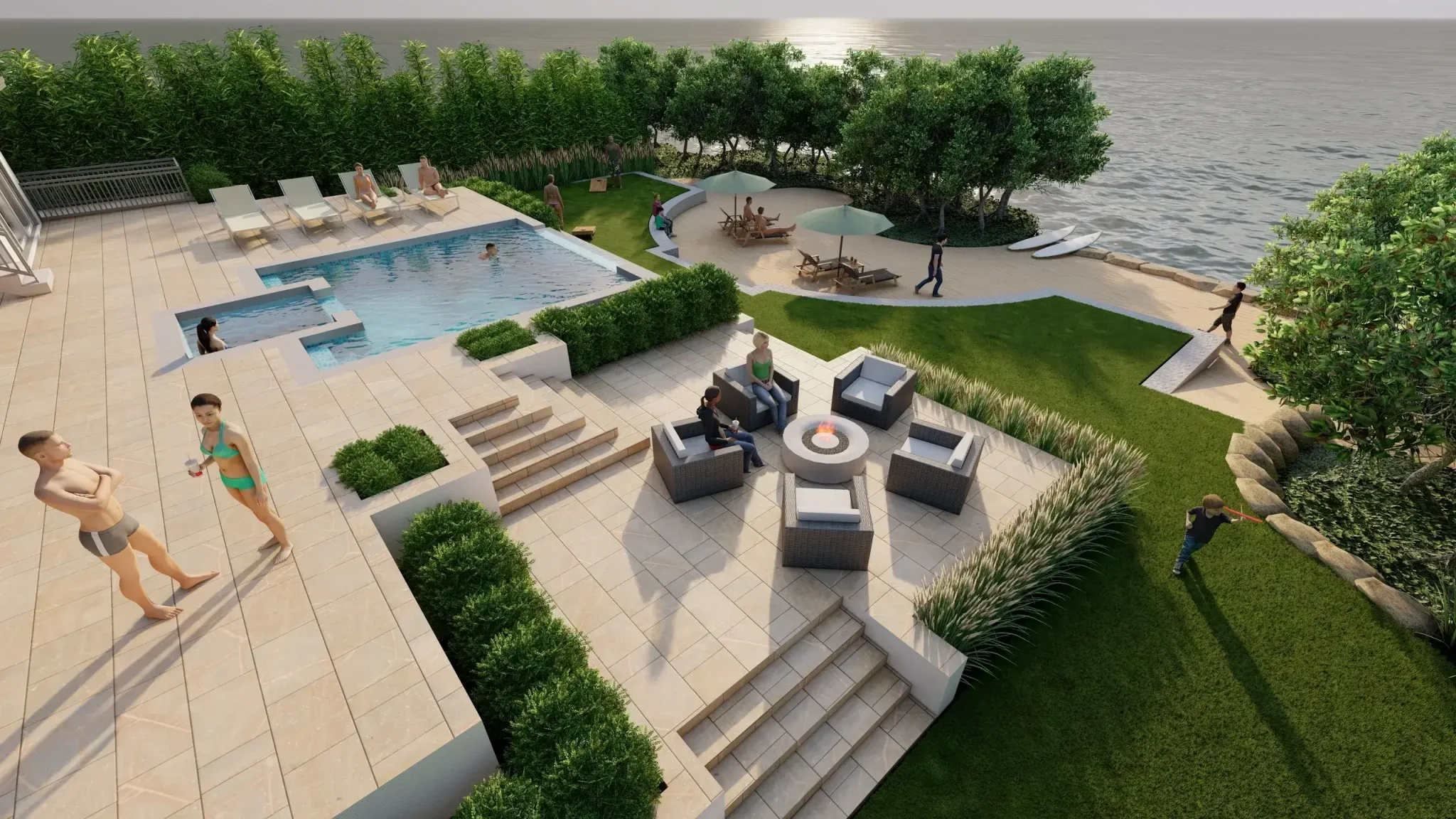 Terrace with pool and lakeside view.
