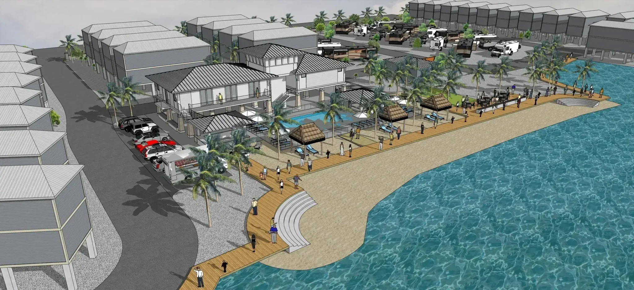 Beachfront resort with pool and palm trees.