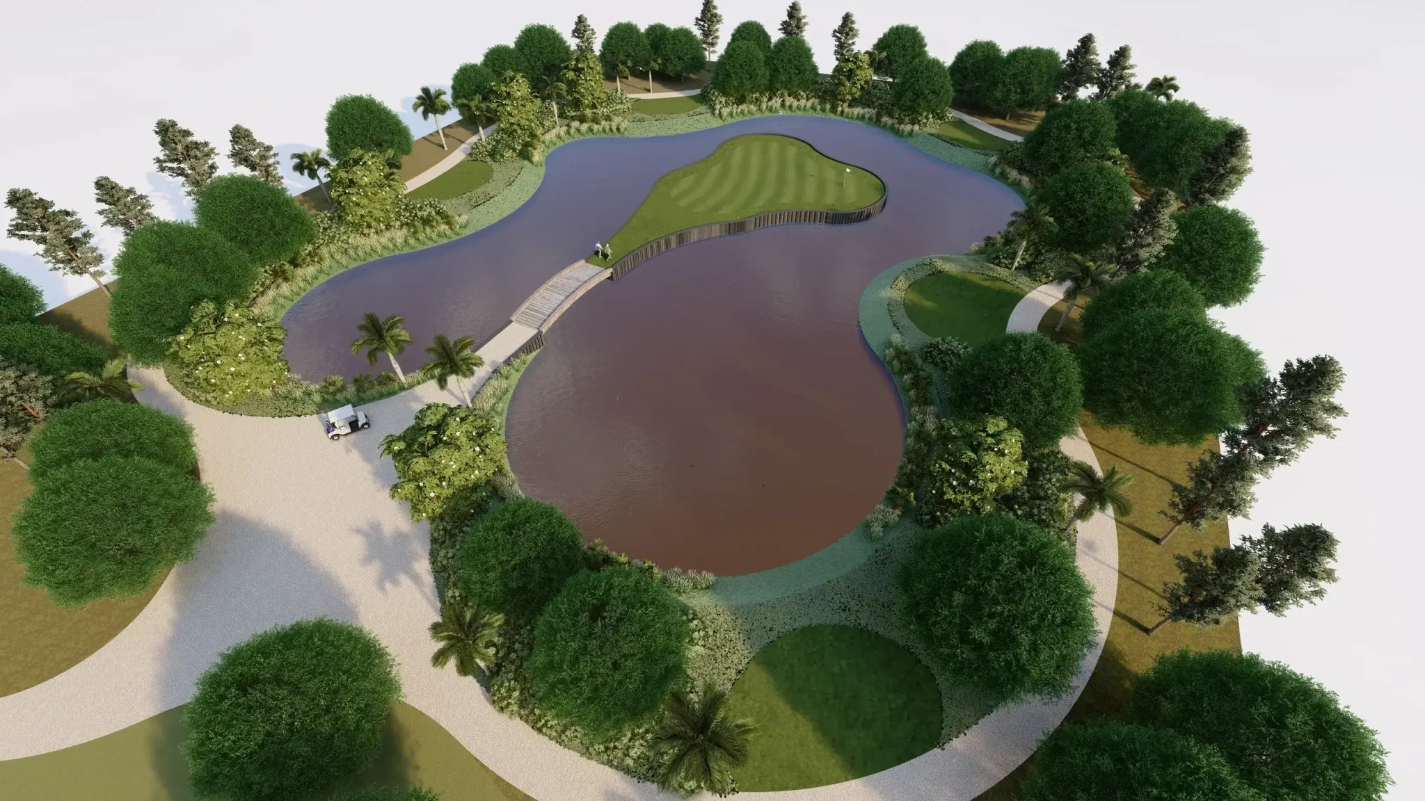 Aerial view of golf course with water.