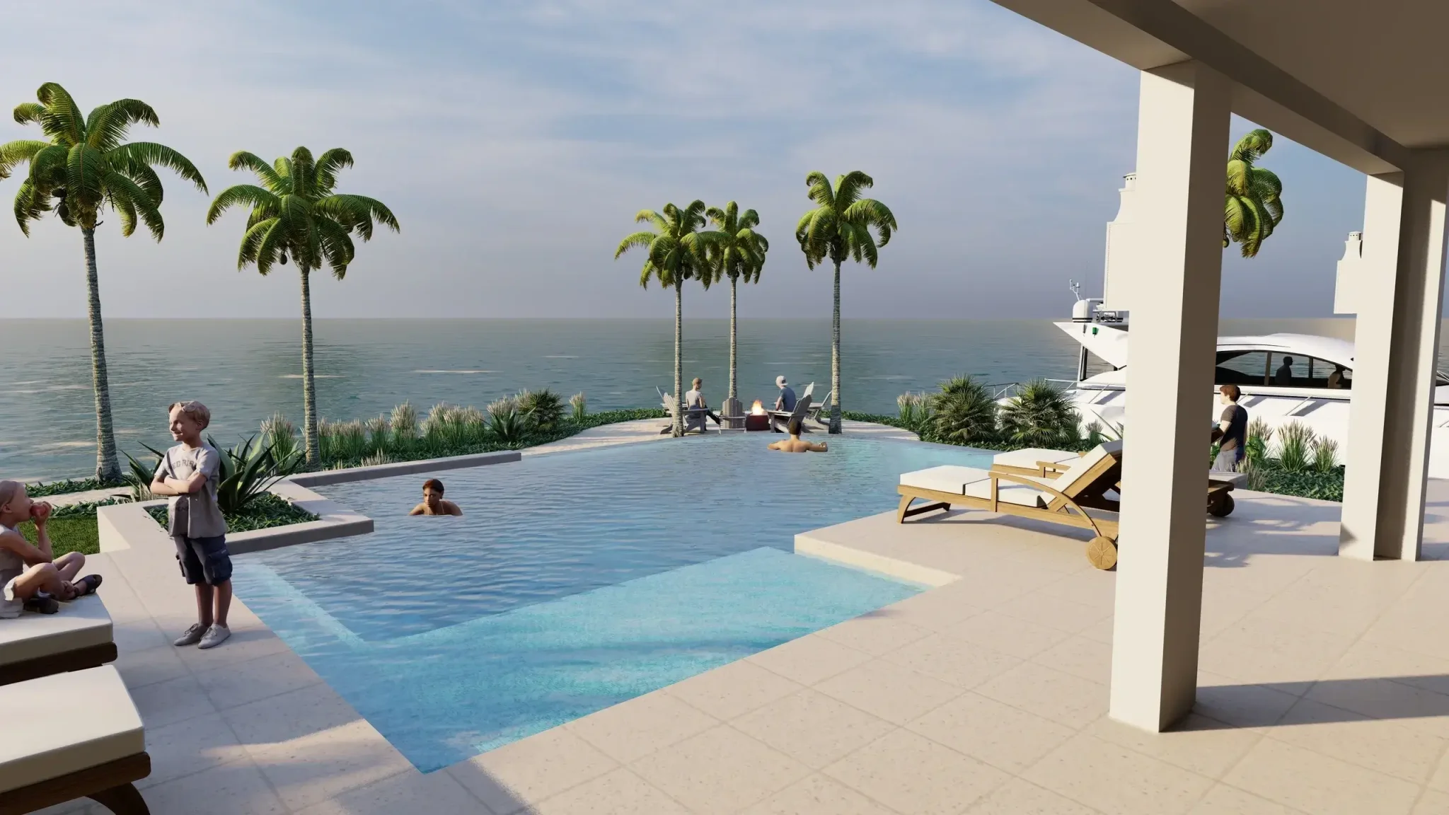 Infinity pool overlooking the ocean with palm trees.